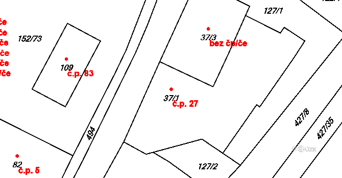 Ráby 27 na parcele st. 37/1 v KÚ Ráby, Katastrální mapa