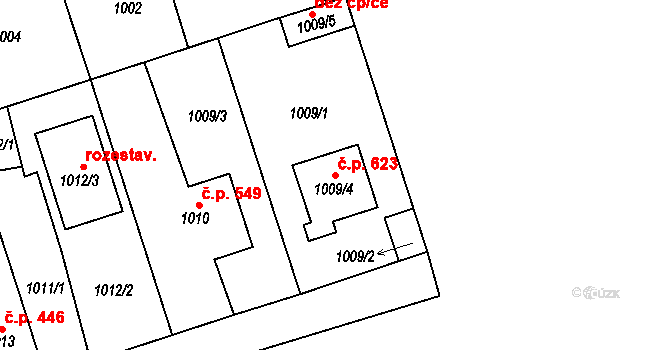 Vejprnice 623 na parcele st. 1009/4 v KÚ Vejprnice, Katastrální mapa