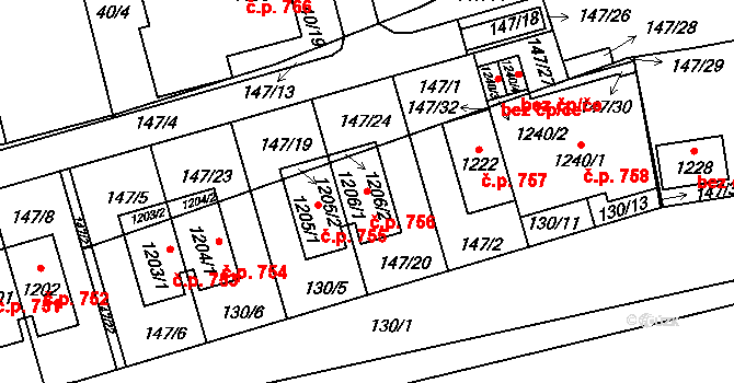 Prštné 756, Zlín na parcele st. 1206/1 v KÚ Prštné, Katastrální mapa