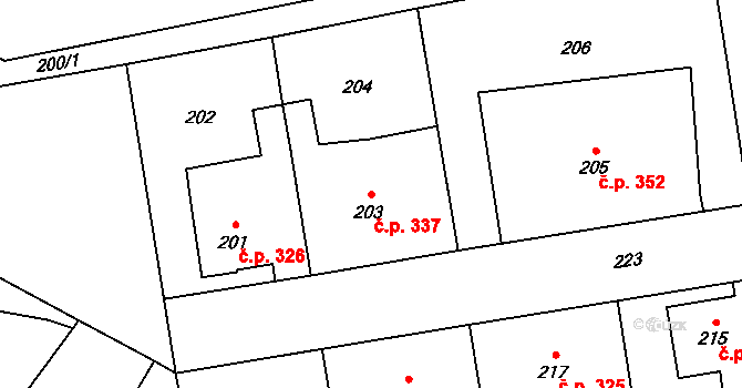 Klimkovice 337 na parcele st. 203 v KÚ Klimkovice, Katastrální mapa