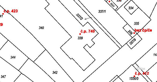 Vnorovy 740 na parcele st. 339 v KÚ Vnorovy, Katastrální mapa