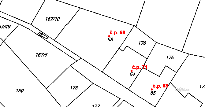 Krušovice 69 na parcele st. 53 v KÚ Krušovice, Katastrální mapa