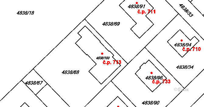 Sviadnov 713 na parcele st. 4838/100 v KÚ Sviadnov, Katastrální mapa