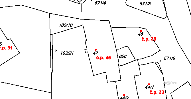 Újezd 45, Vodňany na parcele st. 47 v KÚ Újezd u Vodňan, Katastrální mapa