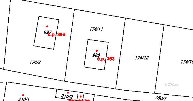 Horní Lomany 363, Františkovy Lázně na parcele st. 988 v KÚ Horní Lomany, Katastrální mapa