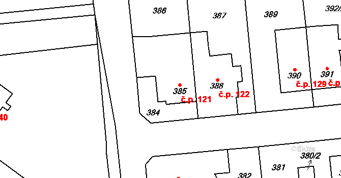 Zastávka 121 na parcele st. 385 v KÚ Zastávka, Katastrální mapa