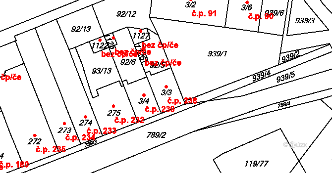 Košťany 238 na parcele st. 3/3 v KÚ Košťany, Katastrální mapa