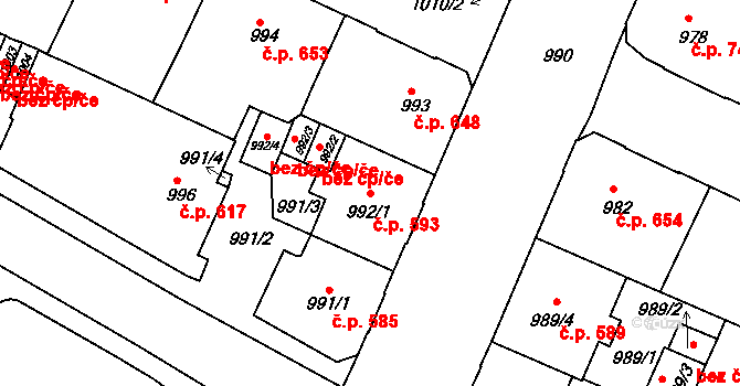 Děčín IV-Podmokly 593, Děčín na parcele st. 992/1 v KÚ Podmokly, Katastrální mapa