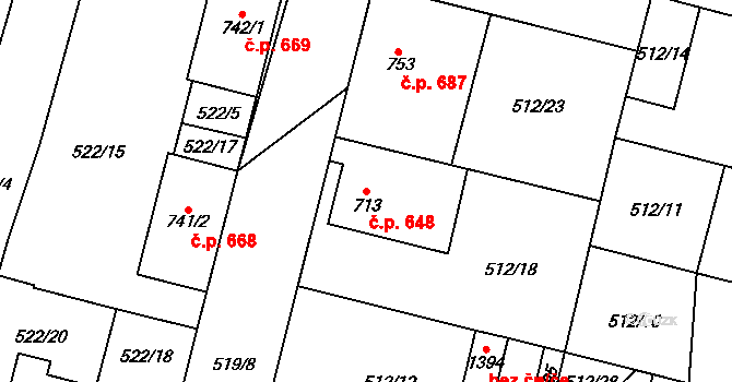 Libochovice 648 na parcele st. 713 v KÚ Libochovice, Katastrální mapa