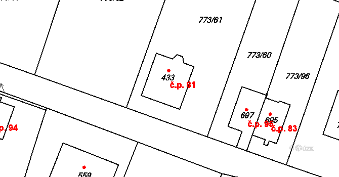 Brtnice 81, Velké Popovice na parcele st. 433 v KÚ Velké Popovice, Katastrální mapa
