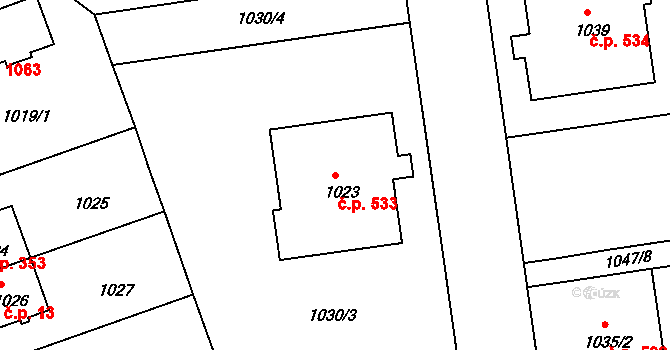 Lhotka 533, Praha na parcele st. 1023 v KÚ Lhotka, Katastrální mapa