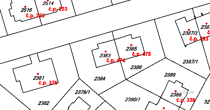Krč 474, Praha na parcele st. 2383 v KÚ Krč, Katastrální mapa