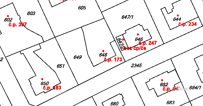 Suchdol 173, Praha na parcele st. 648 v KÚ Suchdol, Katastrální mapa