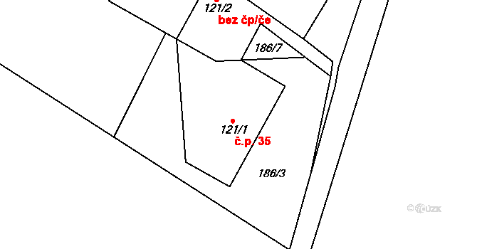 Černý Potok 35, Kryštofovy Hamry na parcele st. 121/1 v KÚ Černý Potok, Katastrální mapa