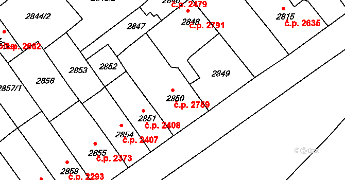 Chomutov 2759 na parcele st. 2850 v KÚ Chomutov II, Katastrální mapa