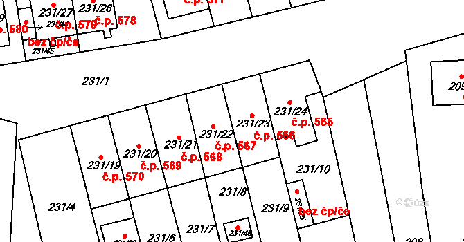 Blučina 566 na parcele st. 231/23 v KÚ Blučina, Katastrální mapa