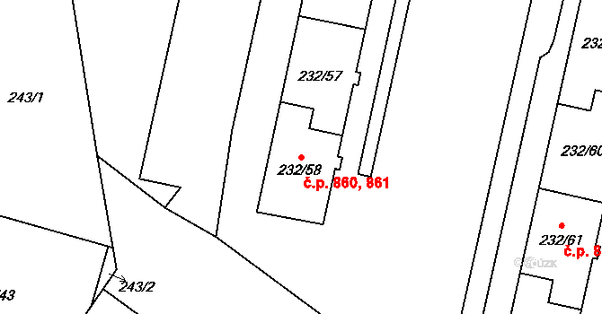 Lobzy 860,861, Plzeň na parcele st. 232/58 v KÚ Lobzy, Katastrální mapa