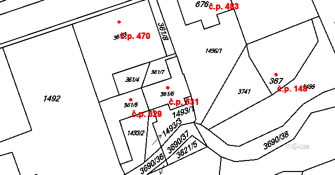 Rožnov pod Radhoštěm 631 na parcele st. 361/6 v KÚ Rožnov pod Radhoštěm, Katastrální mapa