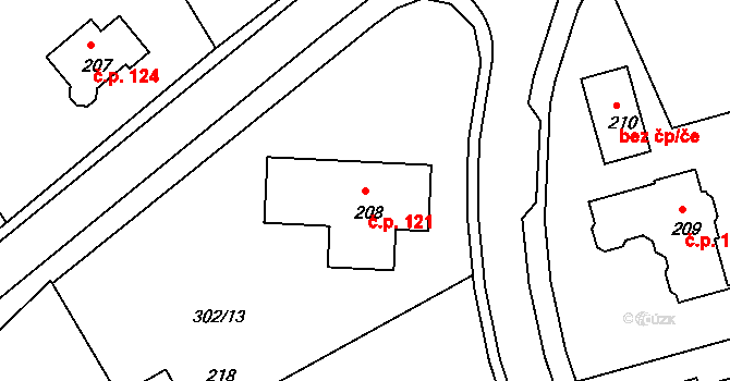 Obora 121 na parcele st. 208 v KÚ Obora u Loun, Katastrální mapa