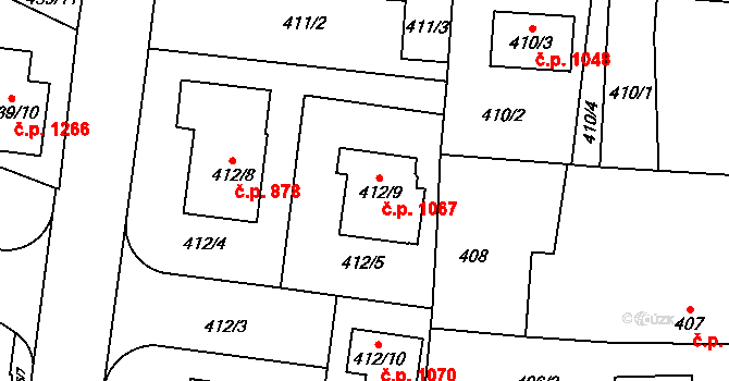 Kosmonosy 1067 na parcele st. 412/9 v KÚ Kosmonosy, Katastrální mapa