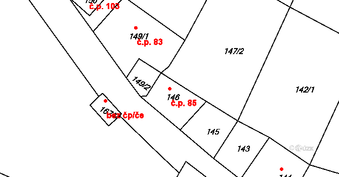 Pětipsy 85 na parcele st. 146 v KÚ Pětipsy, Katastrální mapa