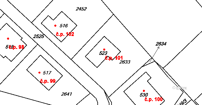Růžená 101 na parcele st. 523 v KÚ Růžená, Katastrální mapa