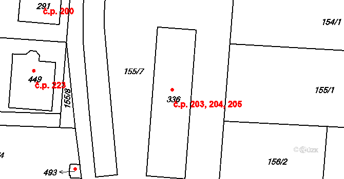 Přibyslavice 203,204,205 na parcele st. 336 v KÚ Přibyslavice nad Jihlavou, Katastrální mapa