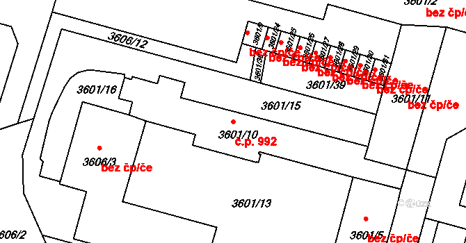 Velké Meziříčí 992 na parcele st. 3601/10 v KÚ Velké Meziříčí, Katastrální mapa