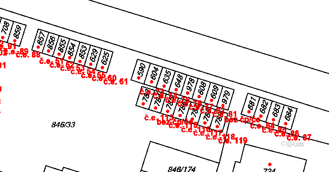 Lysice 75 na parcele st. 635 v KÚ Lysice, Katastrální mapa
