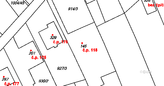 Hrádek na Vlárské dráze 118, Slavičín na parcele st. 145 v KÚ Hrádek na Vlárské dráze, Katastrální mapa