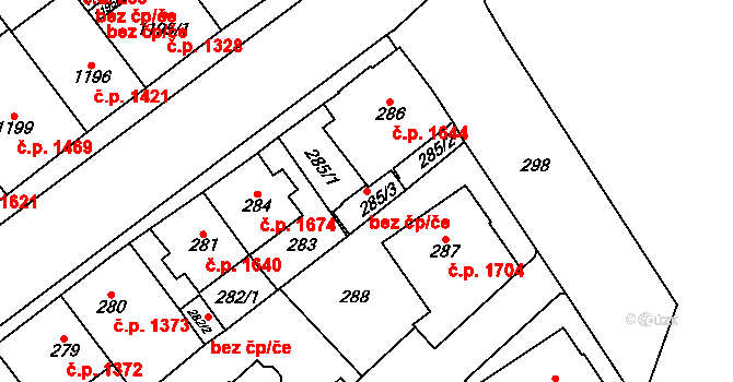Chomutov 42191432 na parcele st. 285/3 v KÚ Chomutov I, Katastrální mapa