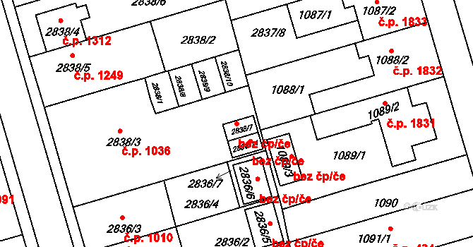 Holešov 47607432 na parcele st. 2838/7 v KÚ Holešov, Katastrální mapa
