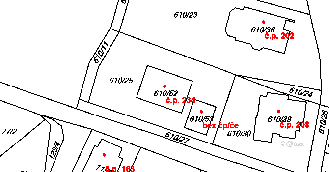Šebrov 234, Šebrov-Kateřina na parcele st. 610/52 v KÚ Šebrov, Katastrální mapa