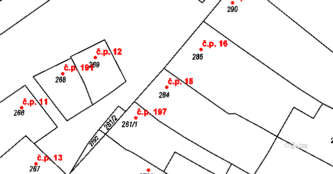 Prusinovice 15 na parcele st. 284 v KÚ Prusinovice, Katastrální mapa