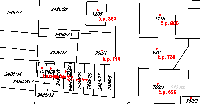 Dobřany 716 na parcele st. 768/1 v KÚ Dobřany, Katastrální mapa
