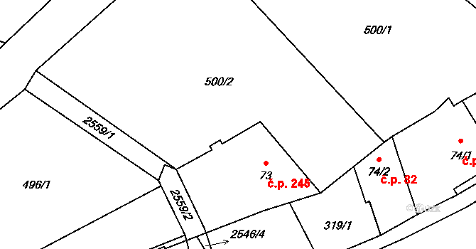 Valkeřice 245 na parcele st. 73 v KÚ Valkeřice, Katastrální mapa