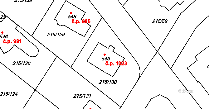 Rudná 1023 na parcele st. 549 v KÚ Hořelice, Katastrální mapa
