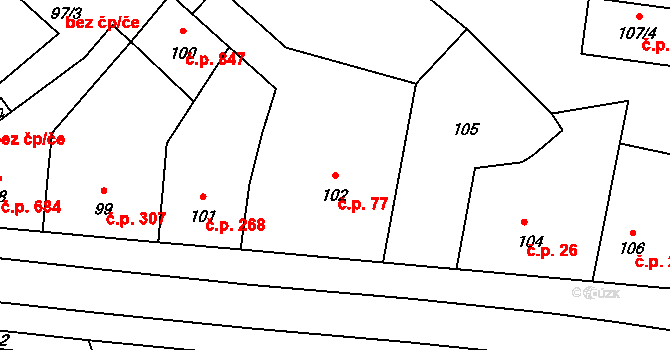 Úvaly 77 na parcele st. 102 v KÚ Úvaly u Prahy, Katastrální mapa