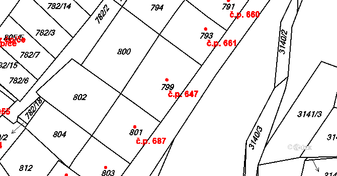 Tachov 647 na parcele st. 799 v KÚ Tachov, Katastrální mapa