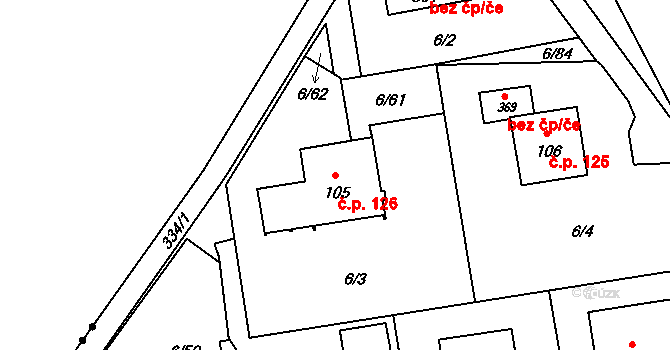 Borek 126 na parcele st. 105 v KÚ Borek u Českých Budějovic, Katastrální mapa