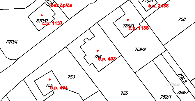 Pelhřimov 493 na parcele st. 754 v KÚ Pelhřimov, Katastrální mapa