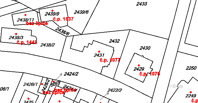 Vršovice 1077, Praha na parcele st. 2431/1 v KÚ Vršovice, Katastrální mapa
