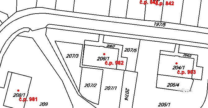Jirkov 982 na parcele st. 206/1 v KÚ Jirkov, Katastrální mapa