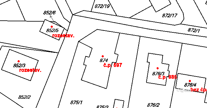 Liberec XIV-Ruprechtice 597, Liberec na parcele st. 874 v KÚ Ruprechtice, Katastrální mapa