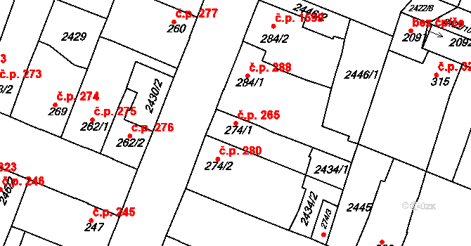 Rosice 265 na parcele st. 274/1 v KÚ Rosice u Brna, Katastrální mapa