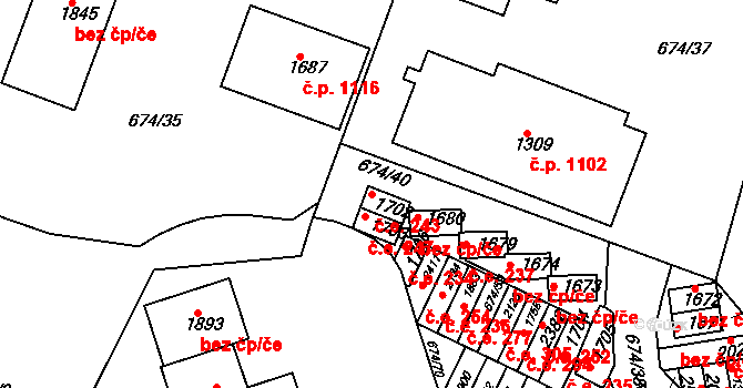 Rosice 243 na parcele st. 1702 v KÚ Rosice u Brna, Katastrální mapa