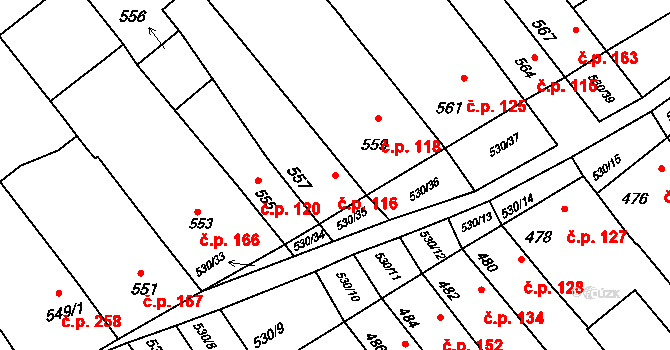 Přísnotice 116 na parcele st. 557 v KÚ Přísnotice, Katastrální mapa