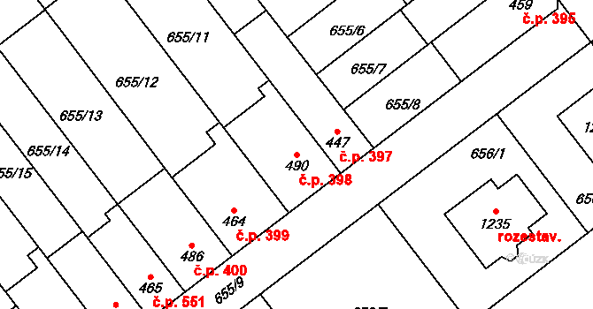 Vrahovice 398, Prostějov na parcele st. 490 v KÚ Vrahovice, Katastrální mapa
