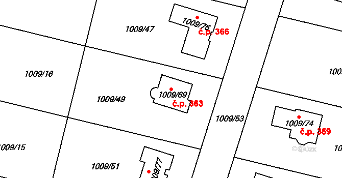 Majetín 363 na parcele st. 1009/69 v KÚ Majetín, Katastrální mapa