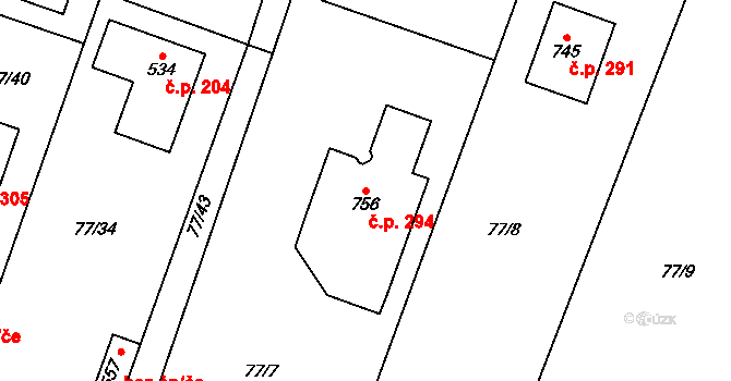 Jevany 294 na parcele st. 756 v KÚ Jevany, Katastrální mapa